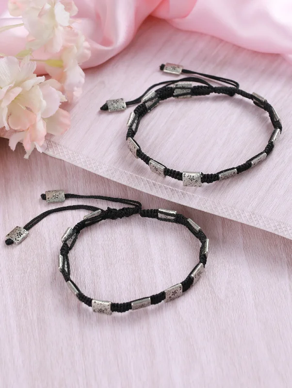 Ladies bracelets space charm -Set Of 2 Rectangular Black Thread Boho Style Anklets/Bracelet