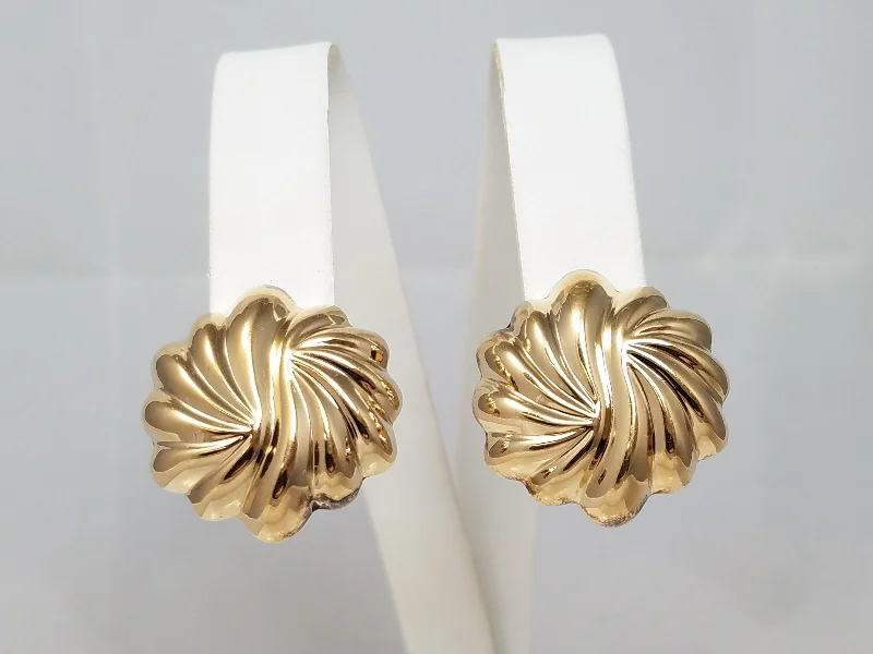 ladies-handmade-dangle-earrings-14k Yellow Gold Round Hollow 3D Fluted Earrings