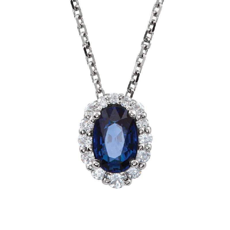 Ladies necklaces dainty flair -Oval Blue Sapphire &1/6 Ctw Diamond Halo 14k White Gold Necklace 18 In