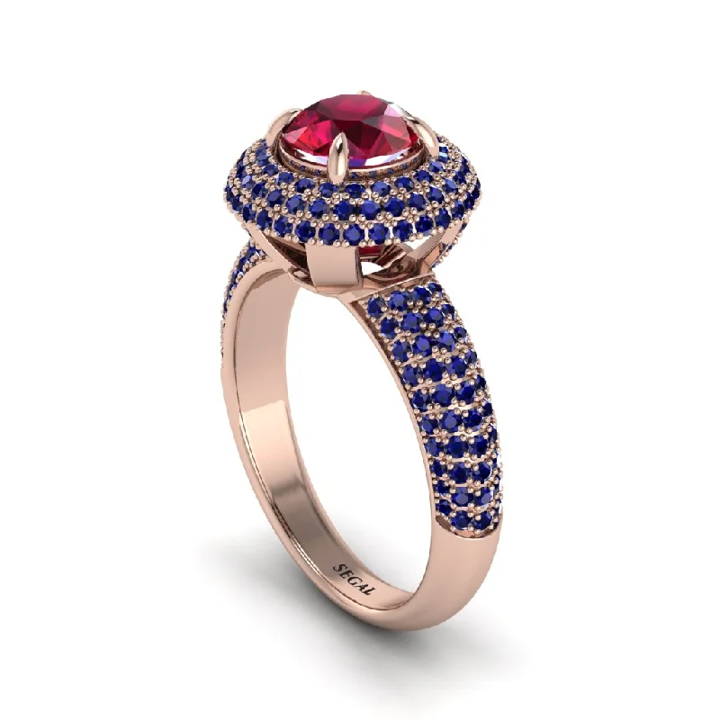 engagement-pear-cut-rose-gold-rings-Ruby Golden Majesty Pave Halo Engagement Ring - Myra No. 71