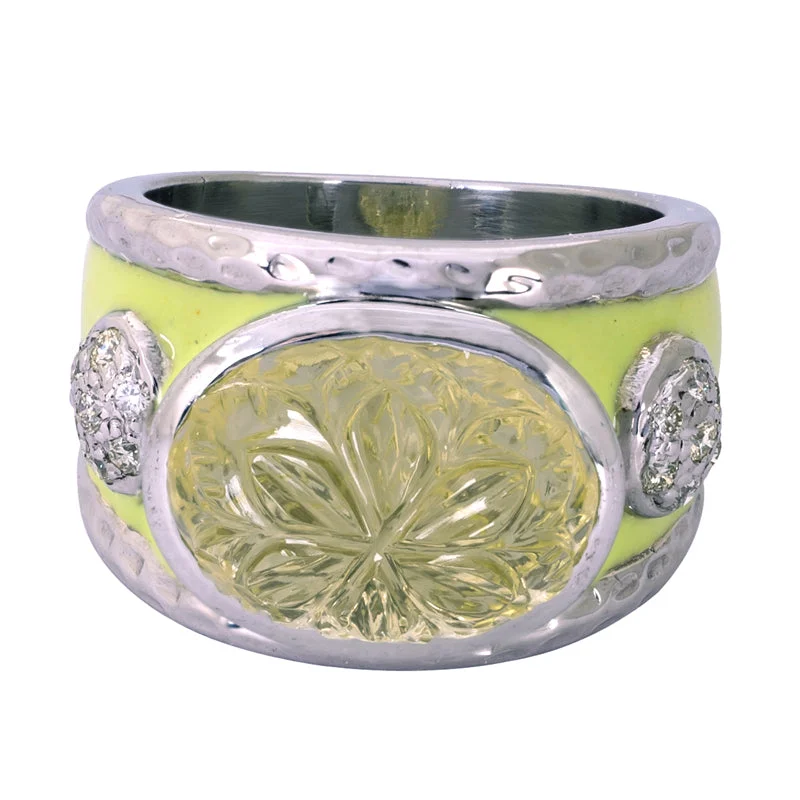 ladies-emerald-cut-rose-gold-rings-Ring- Lemon Quartz and Diamond (Enamel)