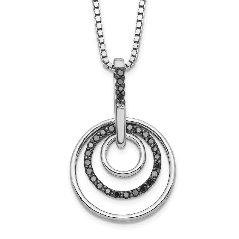 Ladies necklaces 18k white gold -Black Diamond Triple Circle Necklace in Rhodium Plated Sterling Silver