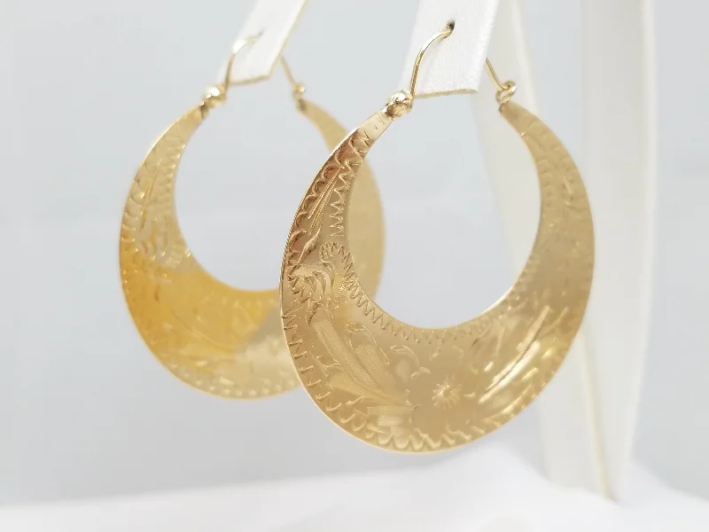 ladies-rustic-dangle-earrings-Large 14k Yellow Gold Engraved Hoop Earrings