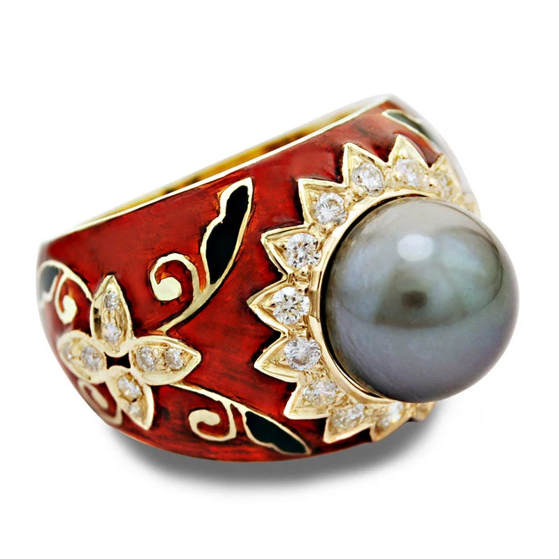 ladies-oval-platinum-rings-Ring-South Sea Pearl and Diamond (Enamel)