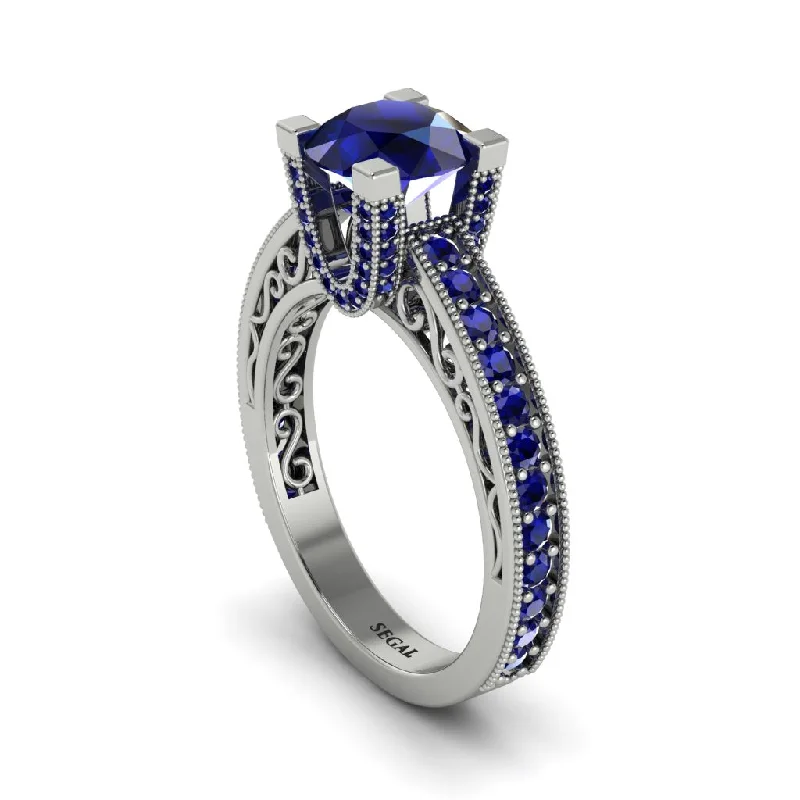 engagement-birthstone-two-tone-rings-Sapphire Scrollwork Vintage Filigree Engagement Ring - Abby No. 75