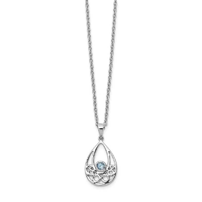 Ladies necklaces with lace agate -Blue Topaz Teardrop Rhodium Plated Sterling Silver Necklace, 18-20 In