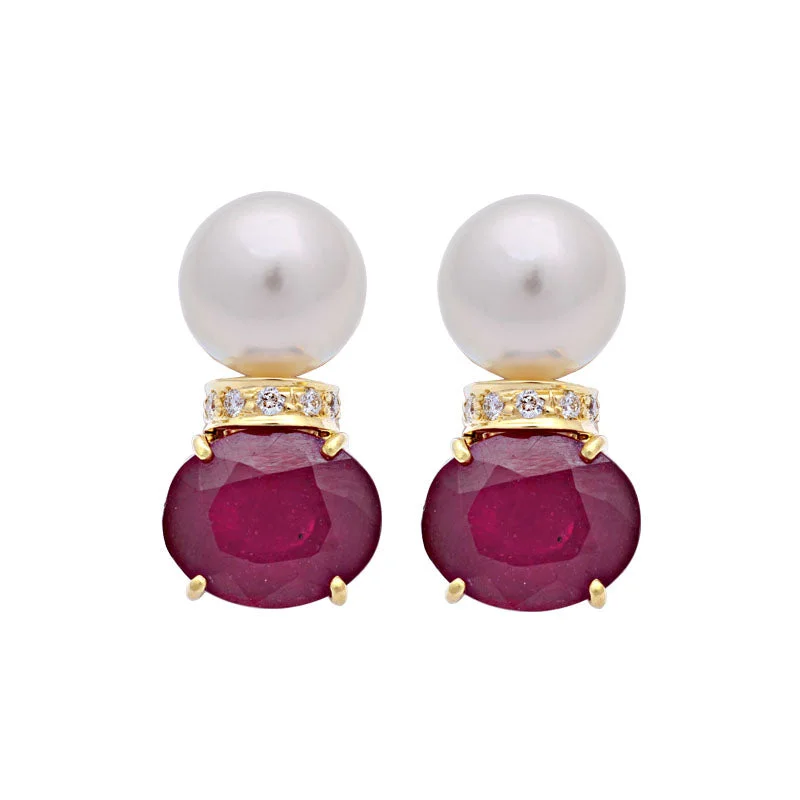 ladies-vintage-silver-earrings-Earrings-Glass Filled Ruby, South Sea Pearl and Diamond