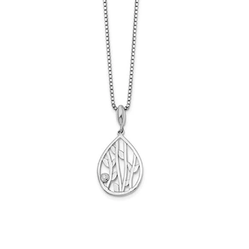 Ladies necklaces with blush kunzite -Diamond Leaf Teardrop Necklace in Rhodium Plated Silver, 18-20 Inch