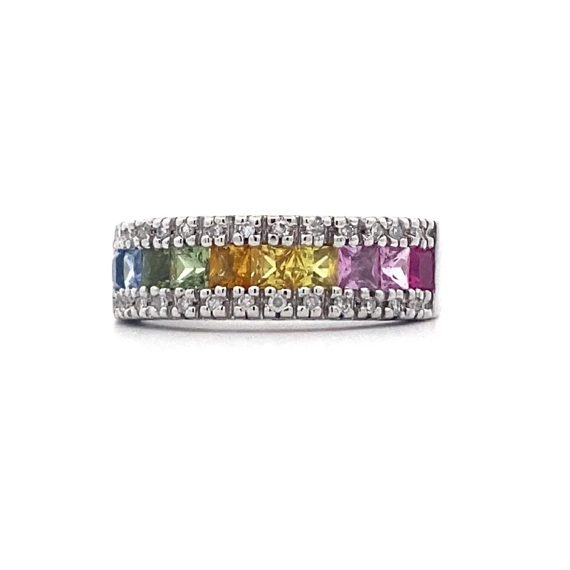 ladies-platinum-shank-rings-Estate Rainbow Sapphire & Diamond Ring in White Gold