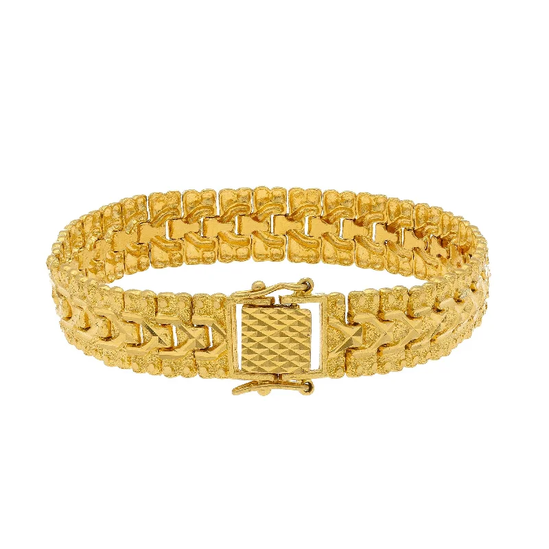 Ladies bracelets for outing elegance -22K Yellow Gold Men's Watch Band Bracelet W/ Triple Row Textured Links