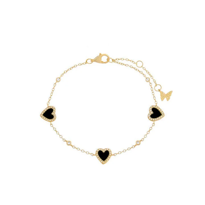 Ladies bracelets for evening charm -Onyx Multi-Heart Stone Pave Bracelet