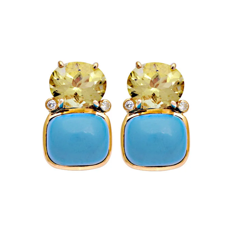 ladies-trendy-mini-hoop-earrings-Earrings- Lemon Quartz, Synthetic Turquoise And Diamond (2126C)