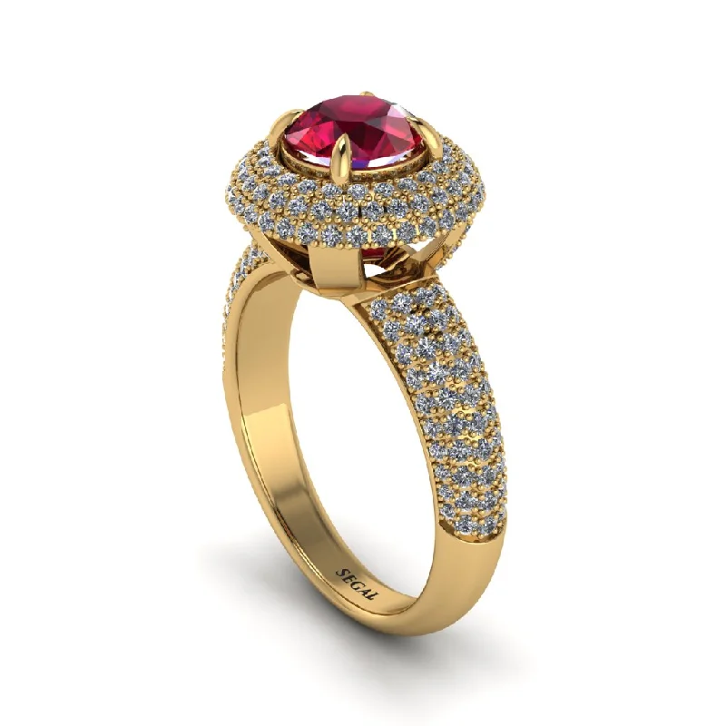 engagement-pearl-tension-set-rings-Ruby Golden Majesty Pave Halo Engagement Ring - Myra No. 10