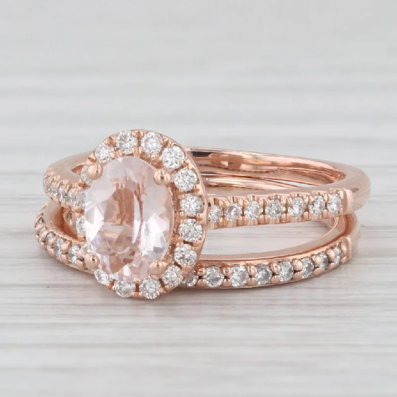 engagement-unique-diamond-rings-0.70ct Oval Morganite Diamond Halo Engagement Ring 14K Rose Gold Size 4.75