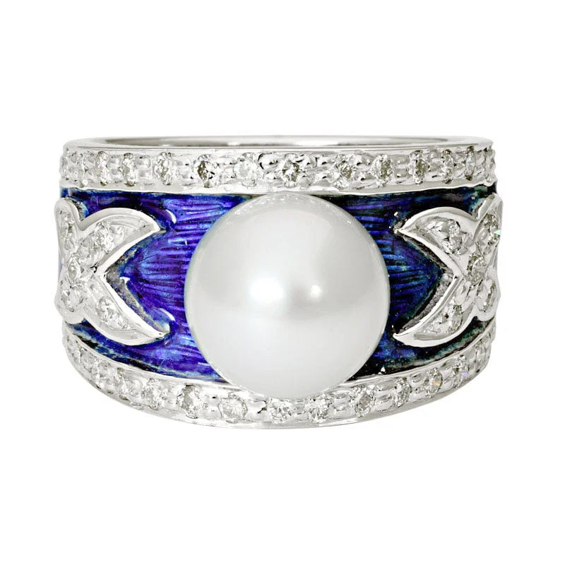 ladies-oval-platinum-rings-Ring-South Sea Pearl and Diamond (Enamel)