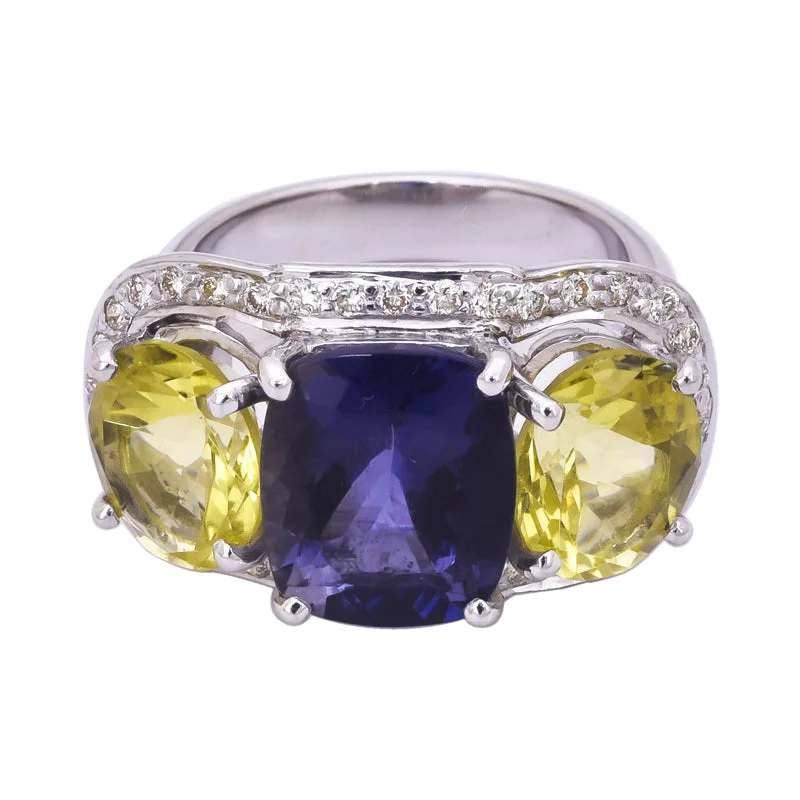 ladies-rose-gold-cathedral-rings-Ring- Lemon Quartz, Iolite and Diamond