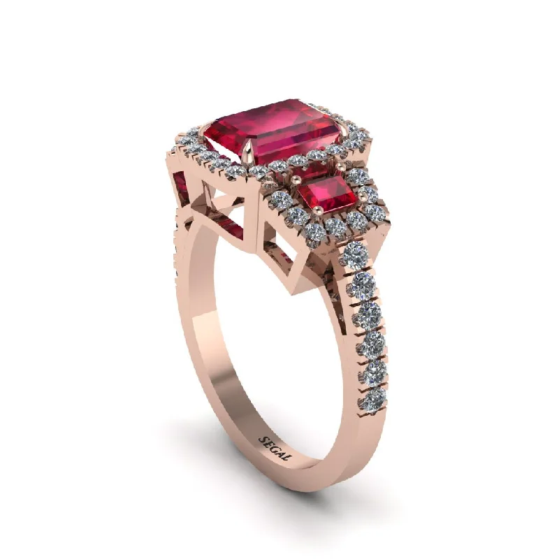 engagement-white-gold-pave-set-rings-Ruby Three Halo Radiance Engagement Ring - Emely No. 11