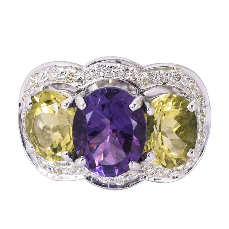 ladies-elegant-channel-set-rings-Ring- Amethyst, Lemon Quartz and Diamond