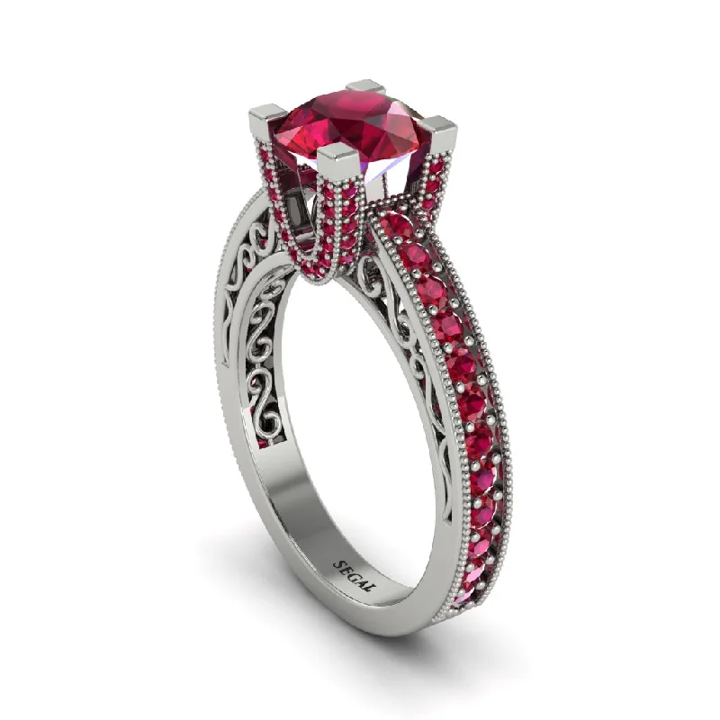 engagement-affordable-sapphire-rings-Ruby Scrollwork Vintage Filigree Engagement Ring - Abby No. 57