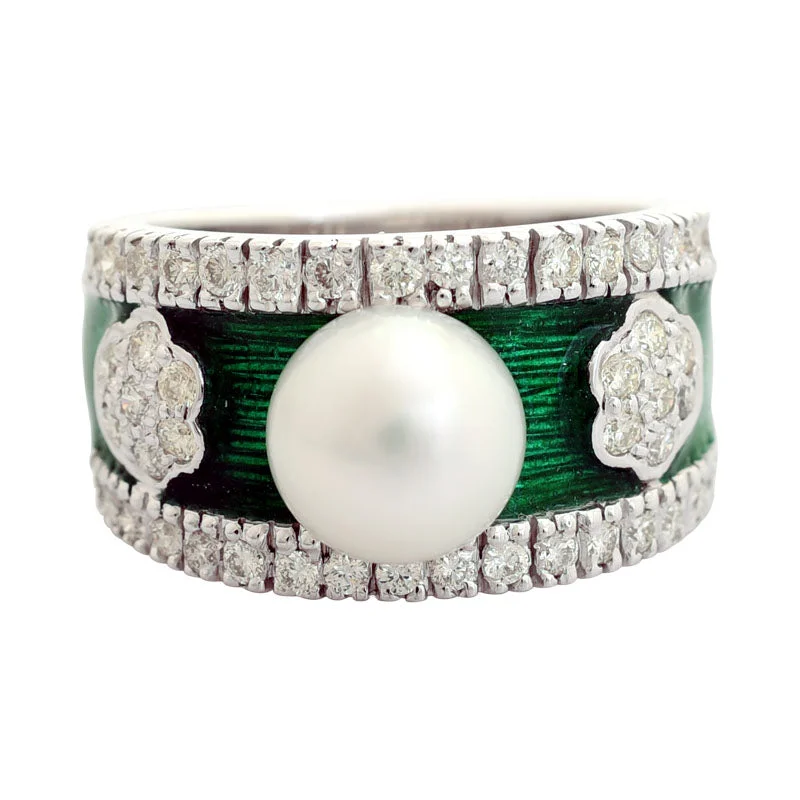 ladies-modern-platinum-rings-Ring-South Sea Pearl and Diamond (Enamel)