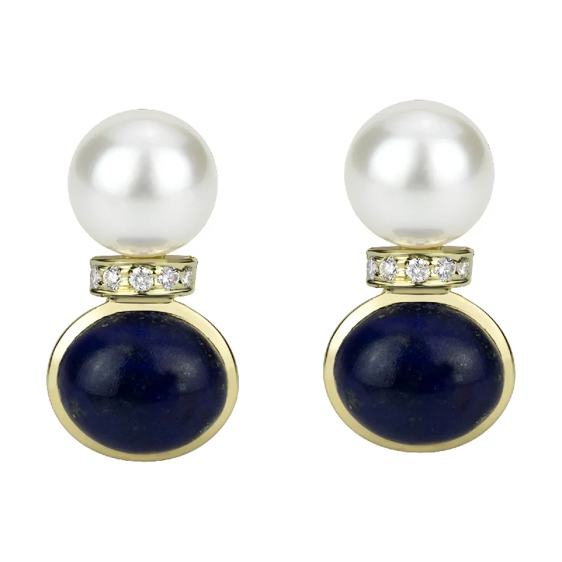 ladies-rustic-mini-hoop-earrings-Earrings - South Sea Pearl, Lapis Lazuli And Diamond