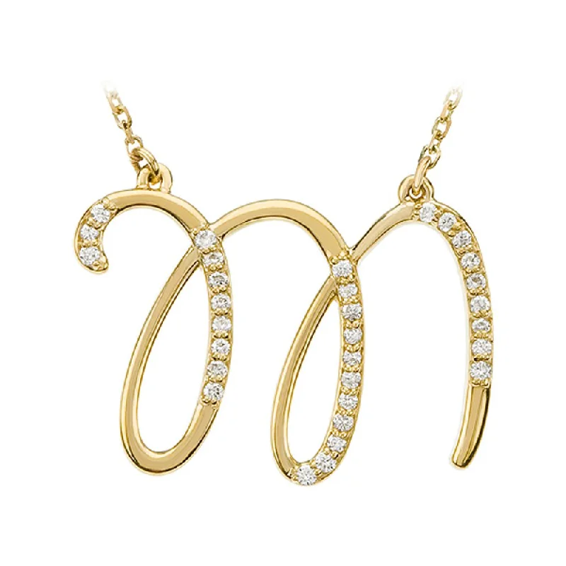 Ladies necklaces with cub pendants -1/6 Ct Diamond 14k Yellow Gold Medium Script Initial M Necklace, 17in