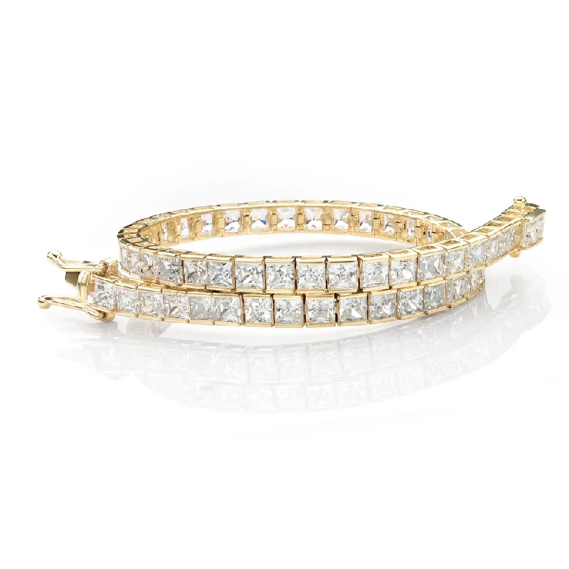 Ladies bracelets with twilight opal -Princess Cut tennis bracelet with 11.34 carats* of diamond simulants in 10 carat yellow gold