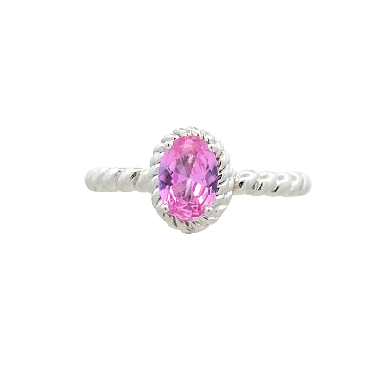 ladies-vintage-diamond-rings-Created Pink Sapphire Halo Rope Ring in SIlver