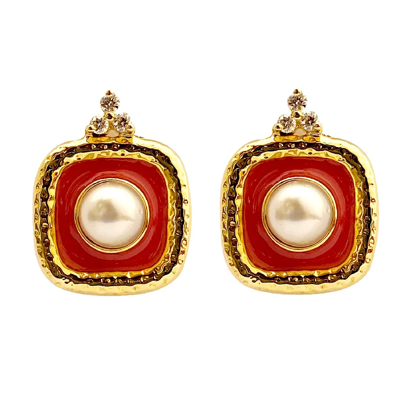 ladies-artisan-chandelier-earrings-Earrings - Pearl and Diamond with Enamel in 18K gold