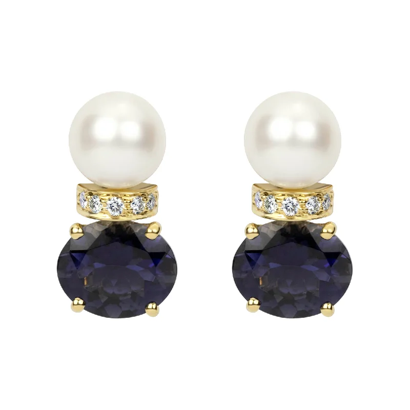 ladies-elegant-dangle-earrings-Earrings - Pearl, Iolite And Diamond