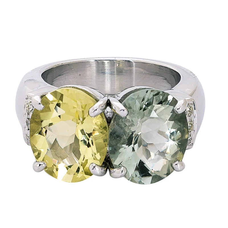 ladies-platinum-channel-set-rings-Ring- Lemon Quartz, Green Quartz and Diamond