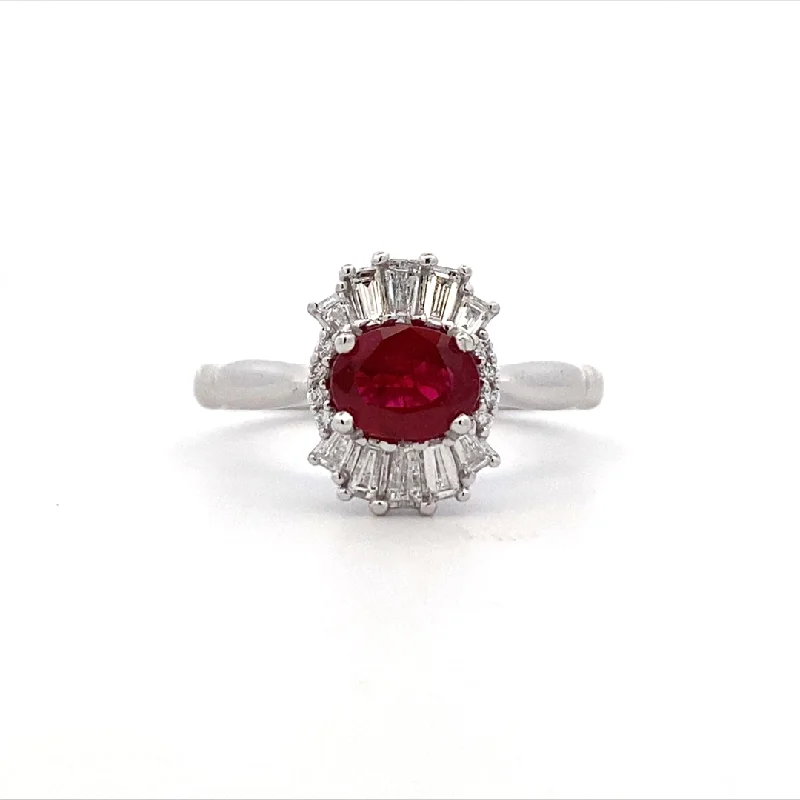 ladies-birthstone-cluster-rings-Ruby & Diamond Halo Style Ring in White Gold by B&C