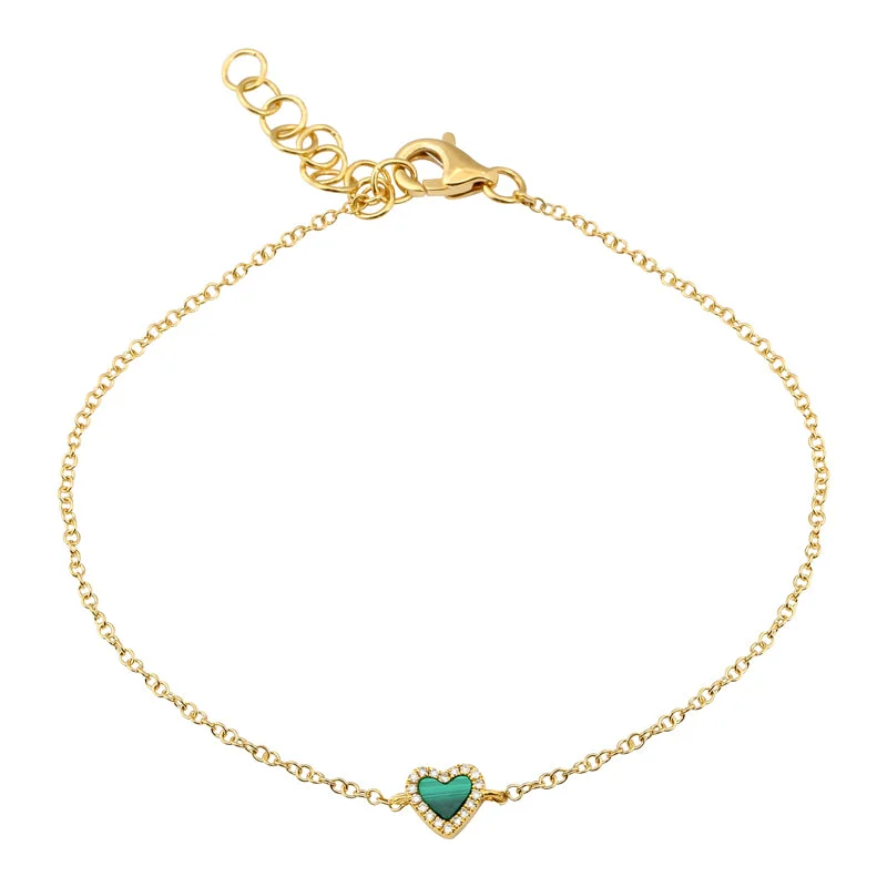 Ladies bracelets for bridal sparkle -14K Malachite Heart With Diamond Outline Bracelet