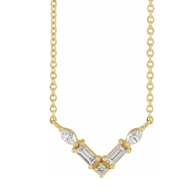 Ladies necklaces brushed titanium -14K Yellow Gold 1/6 CTW Diamond V Shaped Bar Necklace, 16 or 18 Inch