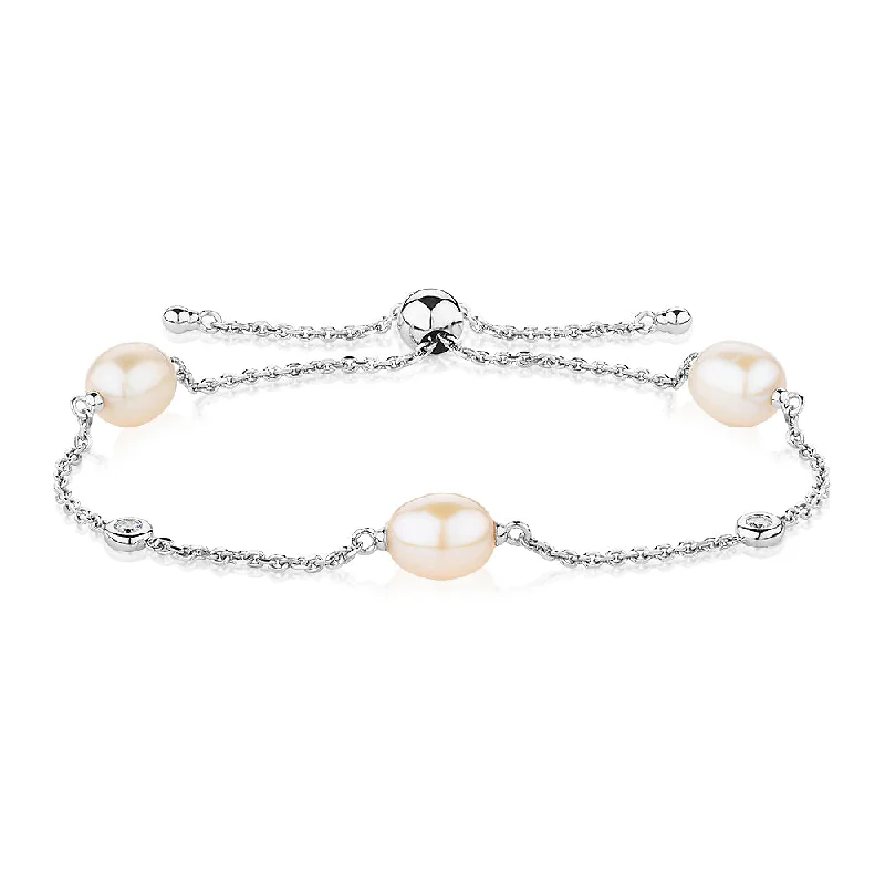 Ladies bracelets for brush elegance -Cultured freshwater pearl slider bracelet in sterling silver