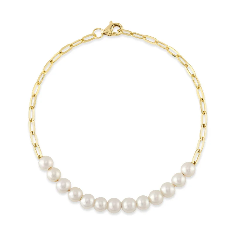 Ladies bracelets with dusk charm -14K Yellow Gold Cultured Pearl Paper Clip Link Bracelet