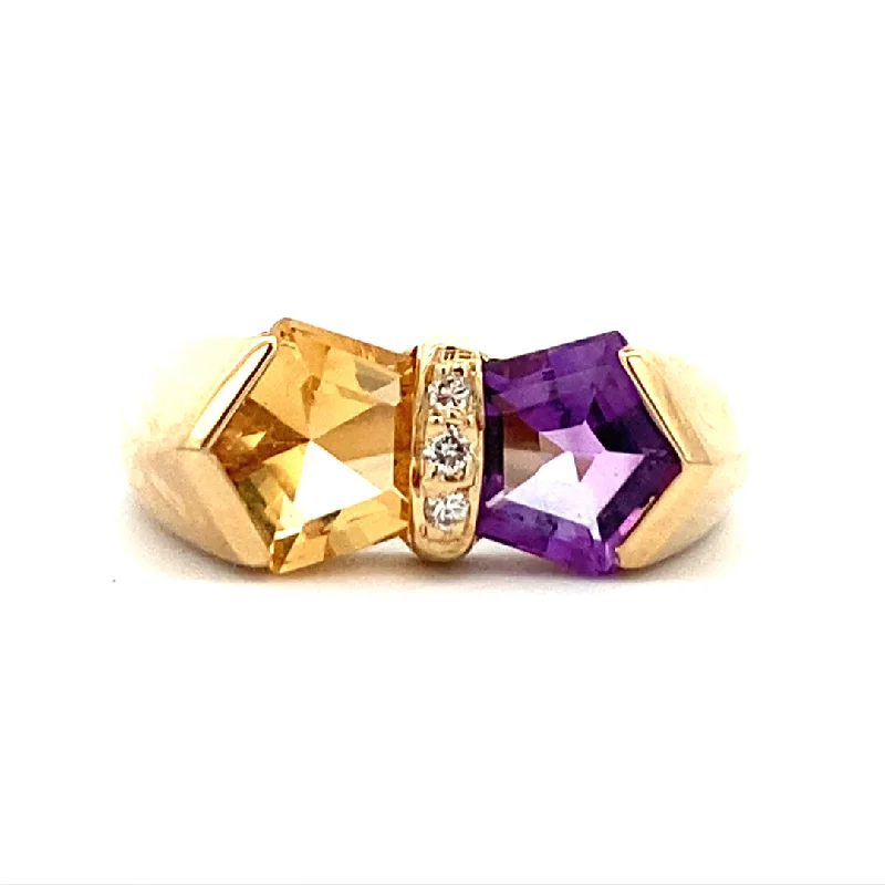 ladies-custom-gold-rings-Estate Amethyst & Citrine Bow Ring by Nabco in Yellow Gold