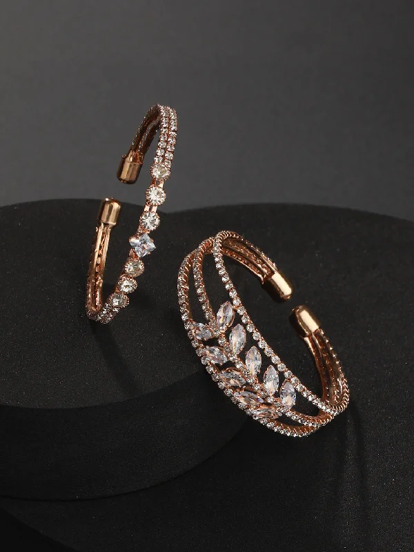 Ladies bracelets for healer charm -Set Of 2 Rose Gold-Plated White Crystal Studded Bangle Style Cuff Bracelet