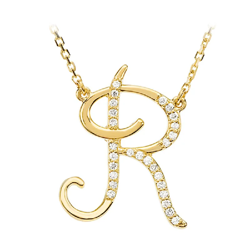 Ladies necklaces dramatic charm -1/8 Ct Diamond 14k Yellow Gold Medium Script Initial R Necklace, 17in