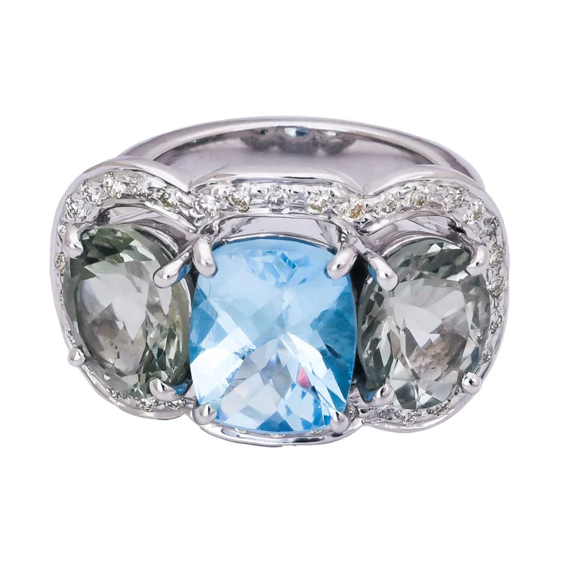 ladies-emerald-cut-rose-gold-rings-Ring- Blue Topaz, Green Quartz and Diamond