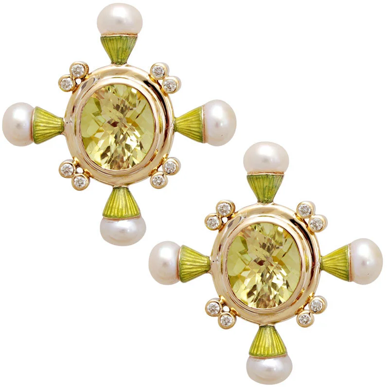 ladies-moon-ear-wrap-earrings-Earrings- Lemon Quartz, Pearl And Diamond(enamel) (1780E)