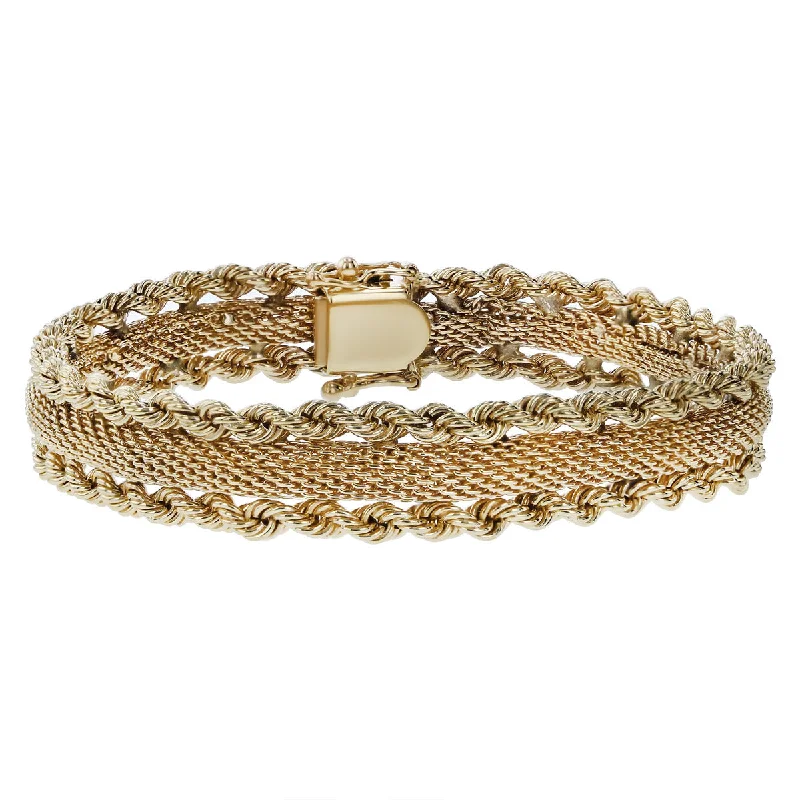 Ladies bracelets for dream elegance -14K Yellow Gold Mesh Center and Rope Edge Bracelet