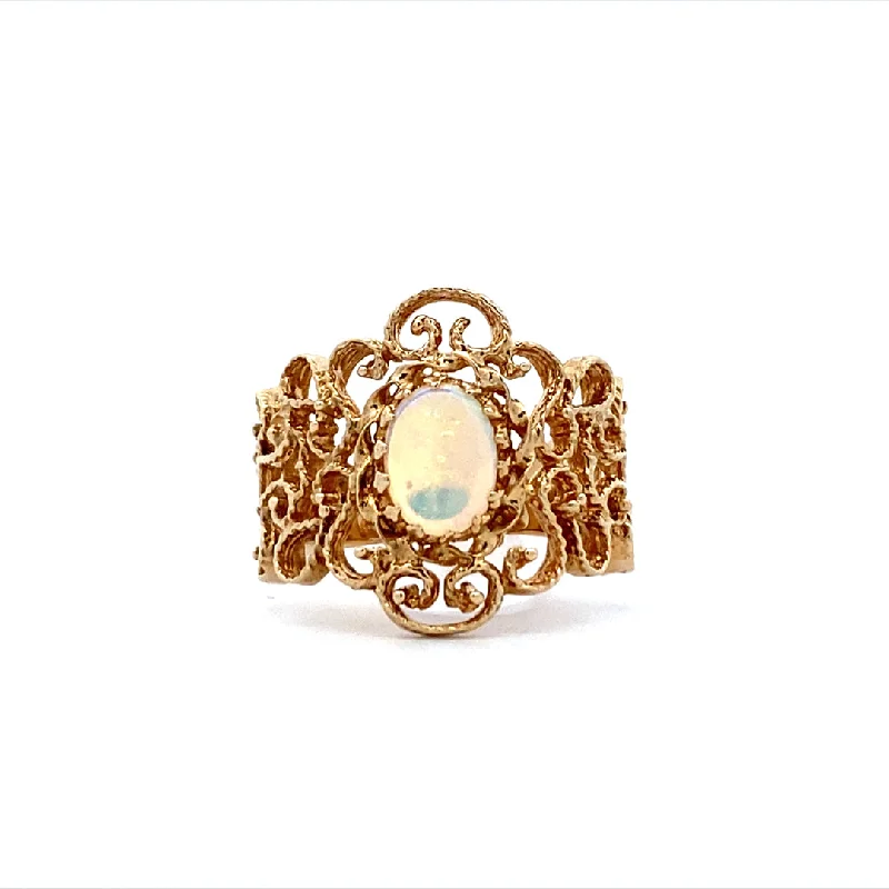 ladies-heart-shank-rings-Estate Floral Themed White Opal Ring in Yellow Gold