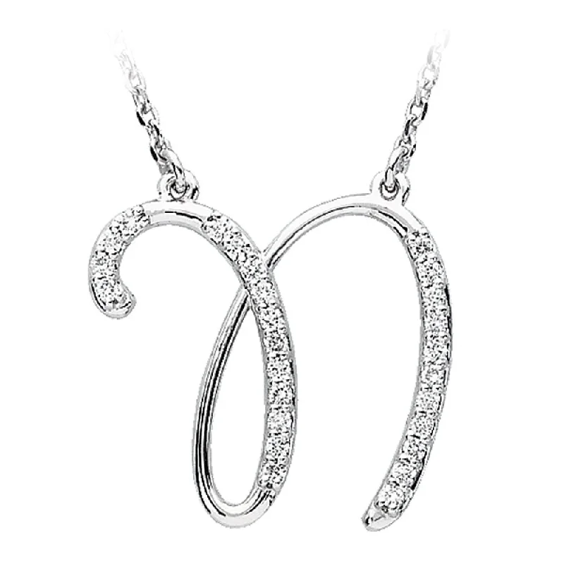 Ladies necklaces for film vibes -1/8 Ctw Diamond Sterling Silver Medium Script Initial N Necklace, 16in