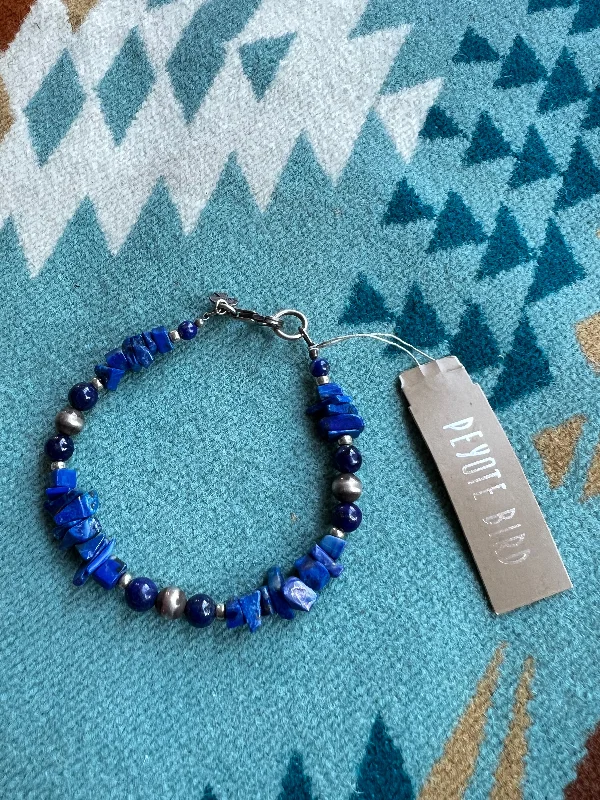 Ladies bracelets light flair -Beaded Chunk Lapis Stone Bracelet