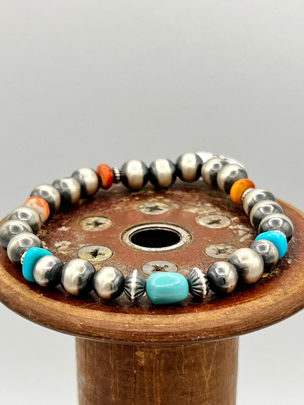 Ladies bracelets with ash sapphire -Navajo Pearl Stretch Bracelet with Turquoise and Spiny Oyster