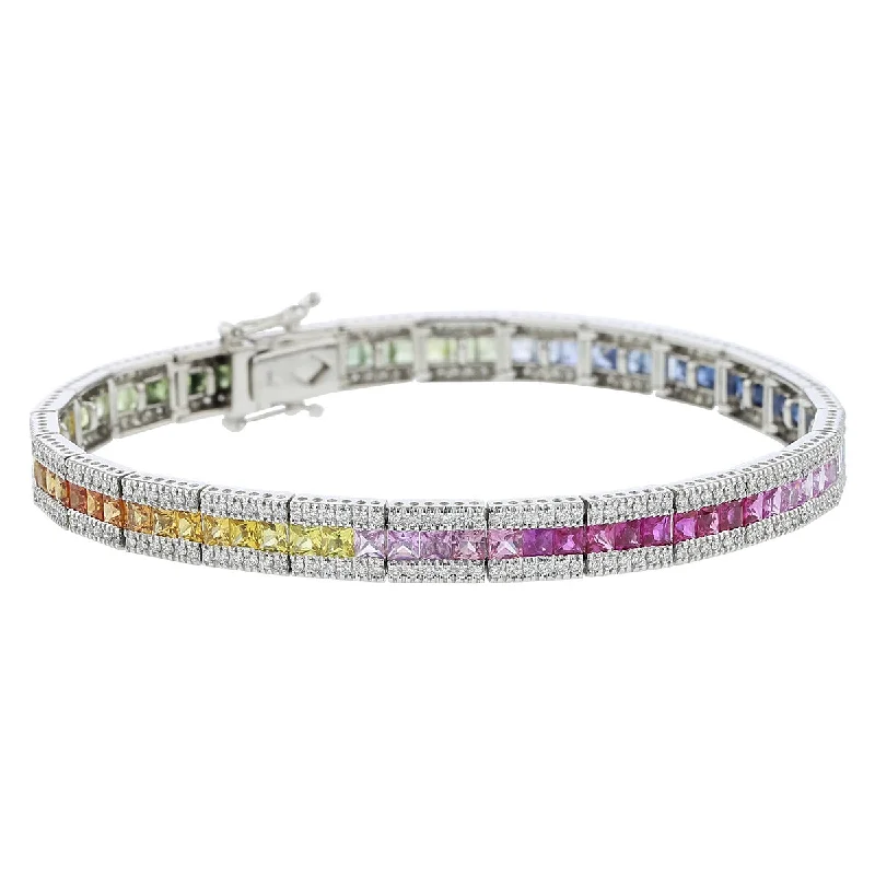 Ladies bracelets with sage emerald -14K White Gold Diamond and Rainbow Sapphire Bracelet