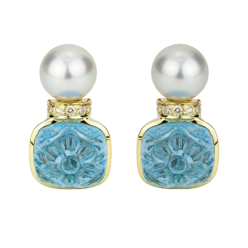 ladies-vintage-mini-hoop-earrings-Earrings - Blue Topaz, South Sea Pearl And Diamond