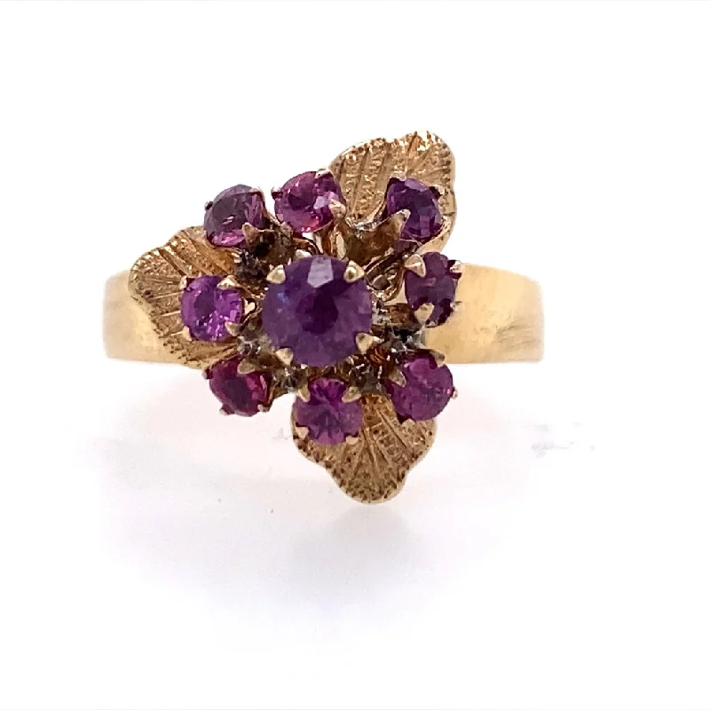 ladies-oval-platinum-rings-Estate Cluster Style Purple Sapphire Rring in Yellow Gold