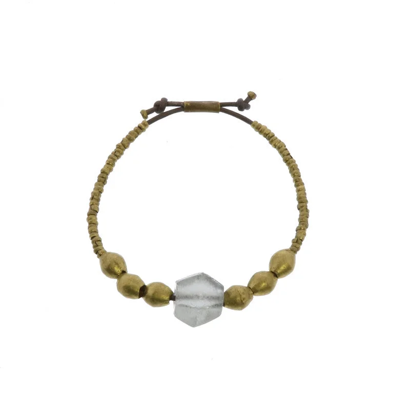 Ladies bracelets for family vibes -Seaglass Beaded Brass Bracelet-Grey